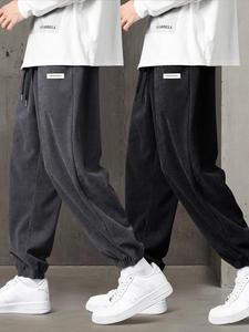 Men's Solid Patched Drawstring Waist Corduroy Pants, Loose Casual Elastic Waist Jogger Pants for Fall & Winter, Men's Trousers for Daily Wear