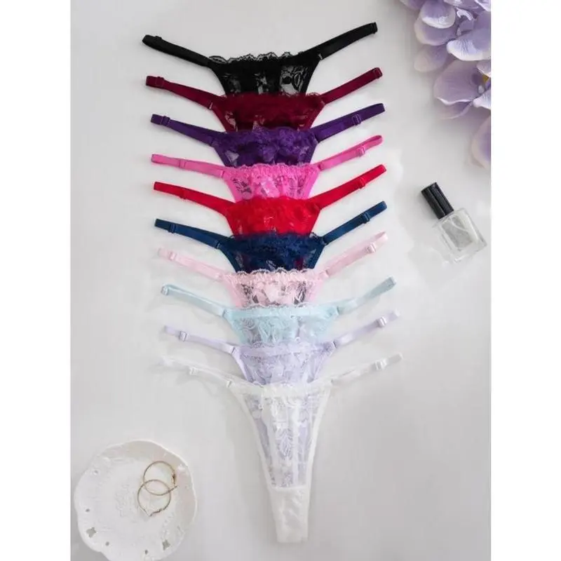 Women's Floral Lace Drop Waist Thong, Soft Comfy Breathable Adjustable Strap Panty for Daily Wear, Ladies Underwear for All Seasons， Naughty Lingerie Womenswear Comfort 4