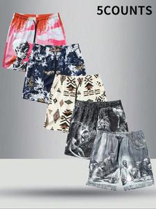 Men's Geometric & Skull & Figure & Animal Print Drawstring Waist Shorts, Casual Comfy Beach Shorts for Summer, Men's Bottoms for Daily Wear