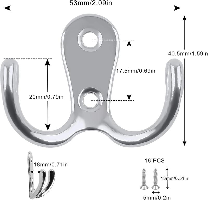 6 PCS Dual Coat Door Hooks, Double Prong Wall Mounted Hooks with 16 PCS Screws for Hanging Hat Tie Clothes Towel Metal Retro Cloth, Chrome Hanger for Bedroom Bathroom Kitchen,Silver 5