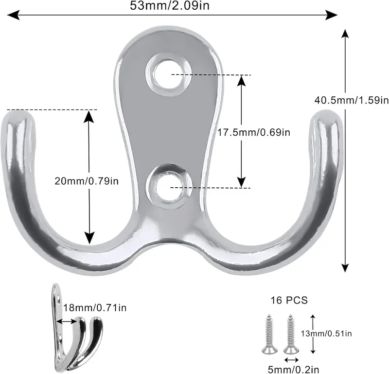 6 PCS Dual Coat Door Hooks, Double Prong Wall Mounted Hooks with 16 PCS Screws for Hanging Hat Tie Clothes Towel Metal Retro Cloth, Chrome Hanger for Bedroom Bathroom Kitchen,Silver 5