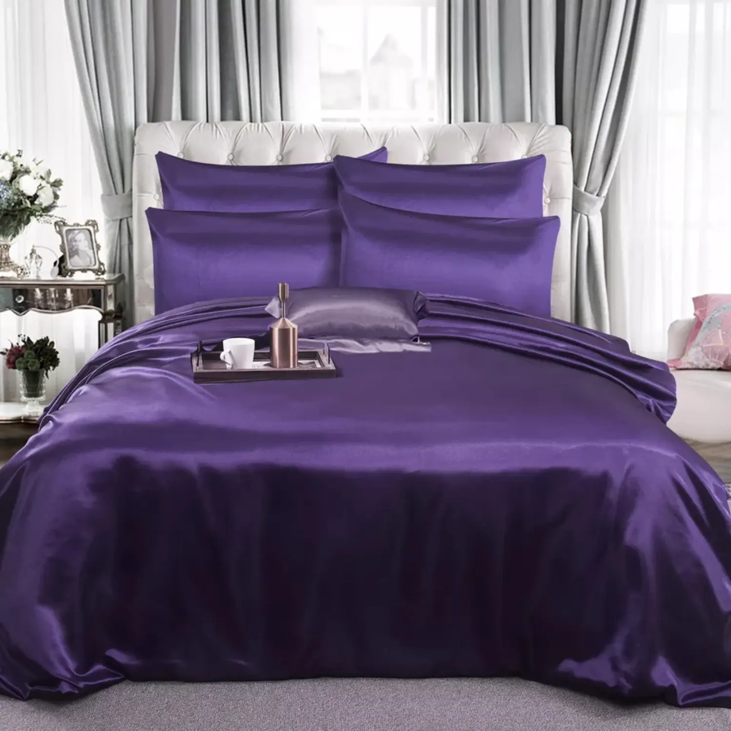 Luxury Satin Silk Complete 6-Piece Bedding Set – Duvet Cover, Fitted Sheet & 4 Pillowcases