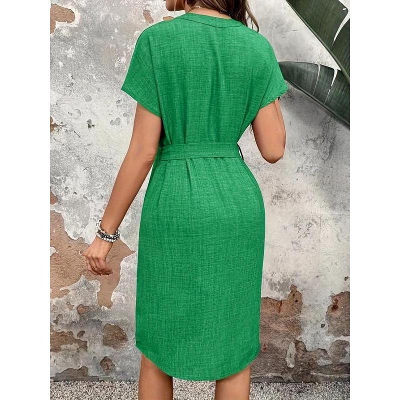 Women's Plain Belted Notched Neck Dress, Casual Short Sleeve Knee Length Dress for Summer, Ladies Clothes for Daily Wear 5