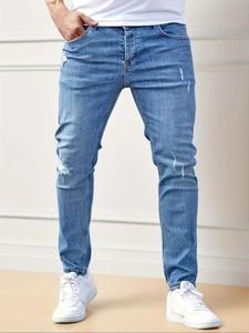 Men's Ripped Button Fly Skinny Jeans, Casual Comfy Regular Fit Pocket Design Denim Trousers for Daily Wear, Fashion Men's Bottoms for All Seasons