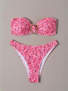 Two-piece Set Women's All Over Print Bikini Set, Casual Fashion Chic Swimsuit Set for Beach Holiday Vacation, Ladies Swimwear for All Seasons, Bikini Swimsuits, Bathing Suit Bikini, Bandeau Bikini Set