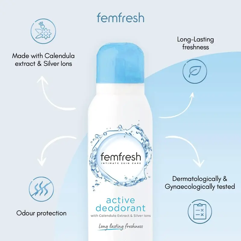 Femfresh Intimate Skin Care Active Deodorant - Gentle  Odour Protection Spray for Long Lasting Freshness For Women - Hypoallergenic Scent, Safe Ultimate Care for a Fresh Feeling – 125ml 1