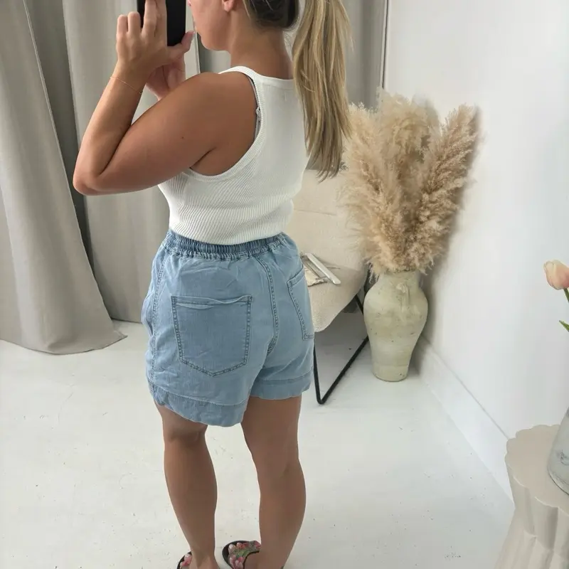TONI Tie Waist Stretchy Fabric Paper Bag Style Thin Denim Holiday Casual Summer Shorts - 2909 7