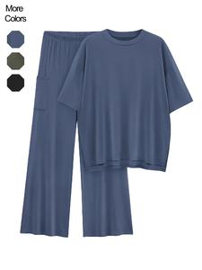 Women's Solid Drop Shoulder Tee & Elastic Waist Pants Two-piece Set, Casual Fashion Cozy Half Sleeve Top & Trousers for Daily Outdoor Wear, Ladies Clothes for All Seasons