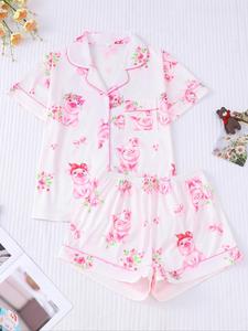 Women's Floral Pig Print Button Front Shirt & Elastic Waist Shorts Pyjama Two-piece Set, Ladies Sleepwear for All Seasons, Womenswear, Pajama Set, Cute Pajama Sets