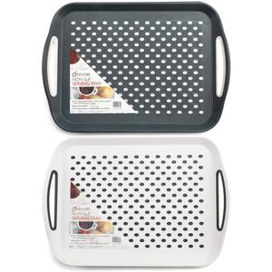 2x Set of Anti-Slip Rectangular Non-Slip Top and Bottom Plastic Dinner/Drinks Serving Tray with High Grip Rubber Surface, Easy Grip Handles Black,Grey & White Random Colour Coffee Glass