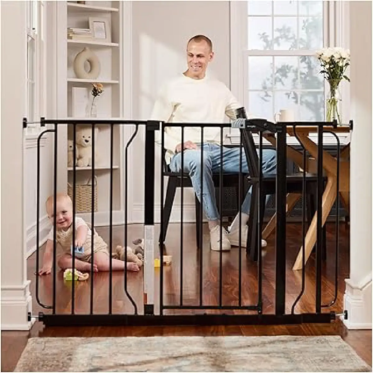 Easy Step 124cm Extra Wide Baby Gate, Black, Includes 10cm and 30.5cm Extension Kit, 4 Pack of Pressure Mount Kit and 4 Pack of Wall Mount Kit