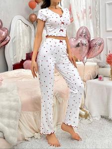 Women's Heart Print Tee & Pants Pyjama Two-piece Set, Casual Comfy Short Sleeve T-shirt & Trousers Pj Set, Ladies Summer Sleepwear