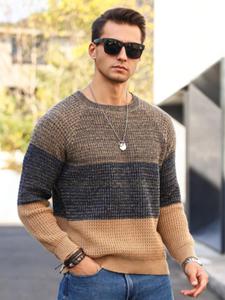 Men's Regular Fit Colorblock Cable Knit Sweater, Casual Long Sleeve Round Neck Jumper for Fall & Winter, Fashion Men's Knitwear for Daily Wear, Tops