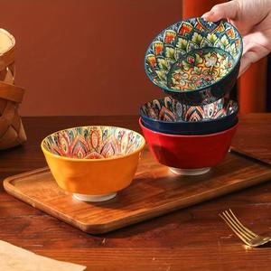 Boho Style Ceramic Bowl Set, 4 Counts Colorful Exquisite Home Bowl, Dessert Bowl, Ice Cream Bowl, Bowl Set for Soup, Oatmeal, Salad, Dessert, Dinnerware