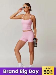 Women's Solid Backless Crop Cami Top & Shorts Sportswear Set, Sporty Sleeveless Top & Skinny Shorts, Ladies Sportswear for Indoor Outdoor Wear