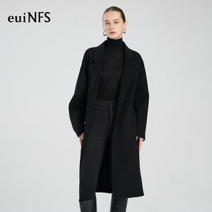 [euiNFS] Minimalist Black Wool Coat for Women | Oversized Elegant Long Jacket | Winter Warm Outerwear | Chic All-Black Fashion Look【E463078】