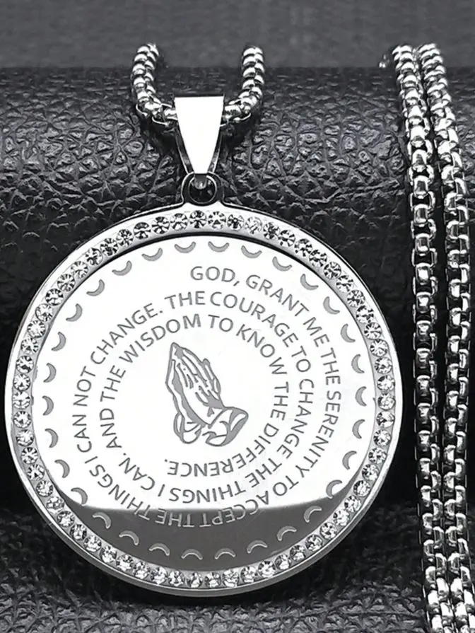 Bible Lords English Serenity Prayer Pendant Necklace, Serenity Prayer One Day At A Time Necklace, for Men Women