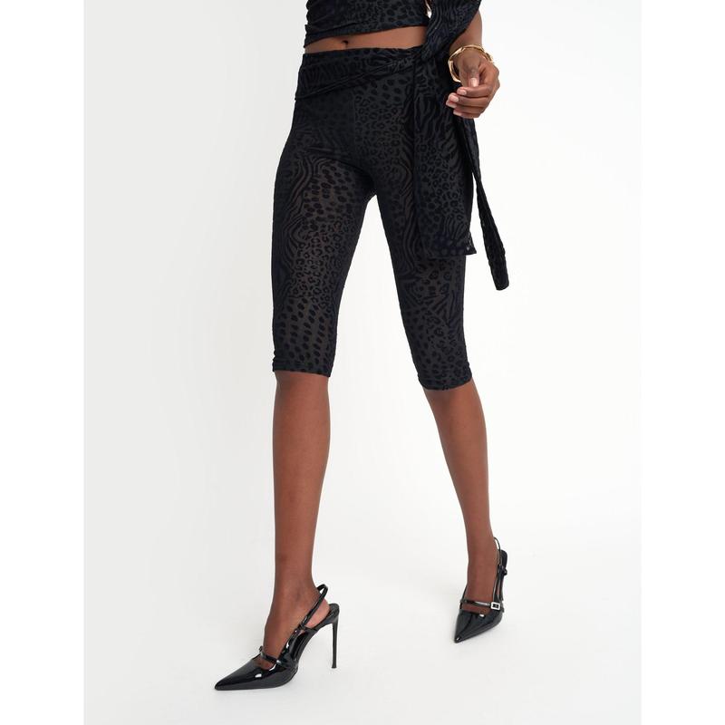 Knot Detail Tie Side Leopard Devore Capri Pants Black 1