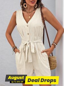 Women's Striped Print Tank Romper, Casual Chic Curvy Fitted Sleeveless Romper for Summer, Ladies Clothes for Daily Wear, Romper Jumpsuit, Womenswear, Casual Jumpsuits
