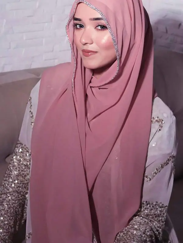 1pc Women's Heavy Beaded Border Solid Color Chiffon Scarf, Elegant Rhinestone Studded Shawl Malay Rhinestone Long Scarf Chiffon Hijab  African Headscarf Head Wrap, Suitable For Travel Vacation Party Outfits Accessories Women[S12] 6
