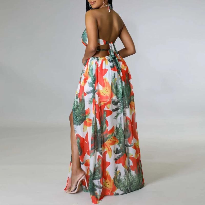 Floral Print Maxi Dress For Women Stylish French Halterneck Summer Dress Mid Length Camisole Dress Elegant High Split Dress 1