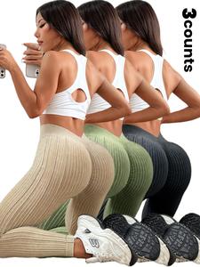 Sporty Women's Solid Color Jacquard Ruched V-waist Sports Leggings, Casual Comfy Breathable High Waist Skinny Pants for Yoga Gym Workout Running, Ladies Sportswear for All Seasons, Gym Clothing