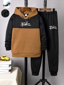 Two-Piece Set Boy's Colorblock Letter Print Hoodie & Pocket Sweatpants Set, Casual Long Sleeve Hooded Sweatshirt & Jogger Pants for Spring & Fall, Kids Clothes for Daily Wear