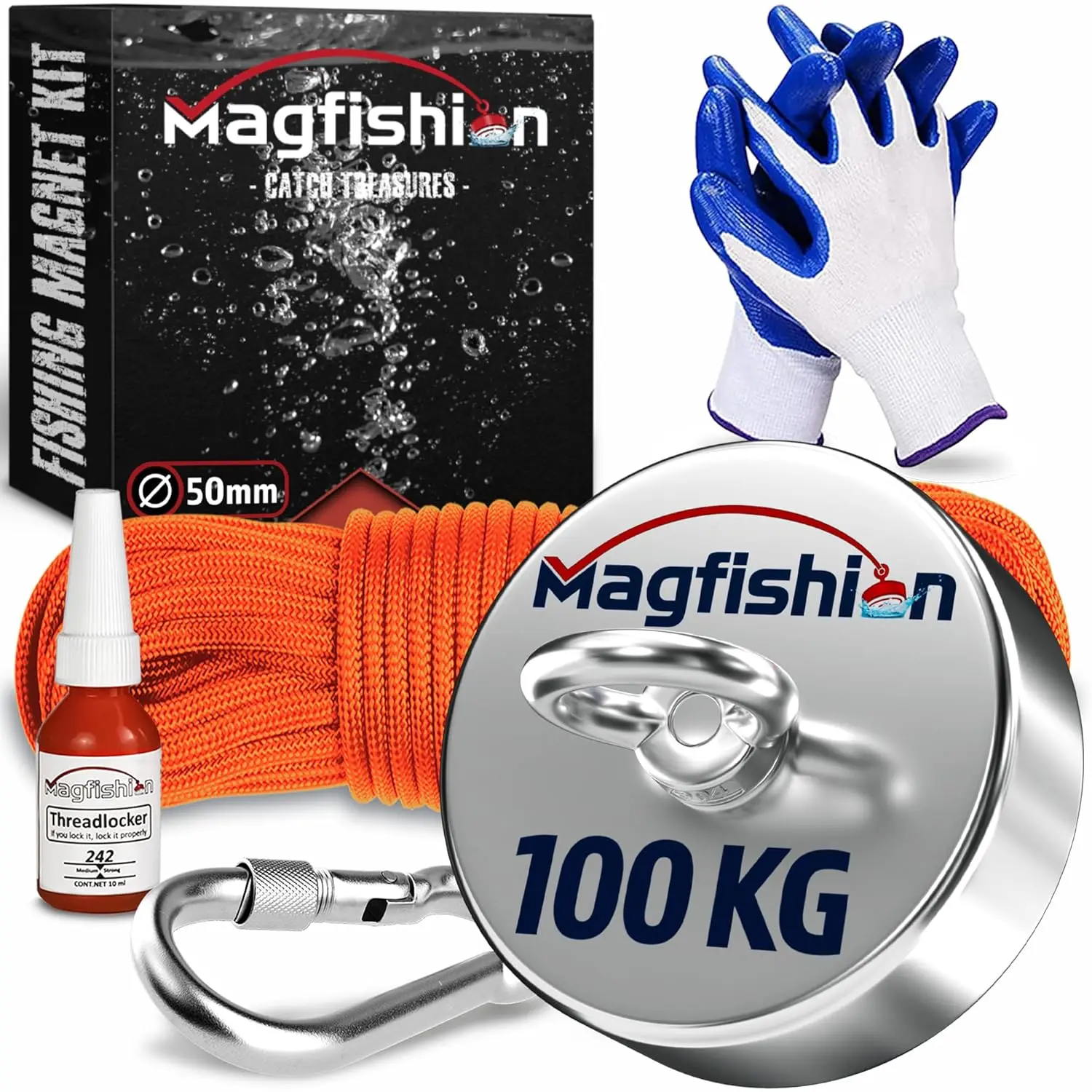Magnet Fishing Kit - 100 KG (220lb) - Ø50mm - Super Strong Neodymium Magnet with Rope (20M), Carabiner, Gloves, Threadlocker - Magnetic Fishing Magnets