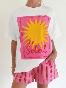 Women's Sun Print Round Neck Graphic Tee, Vintage Trendy Casual Short Sleeve T-shirt for Daily Wear, Ladies All Seasons Clothes, Top, Funny Graphic Tees, Womenswear, Tshirt