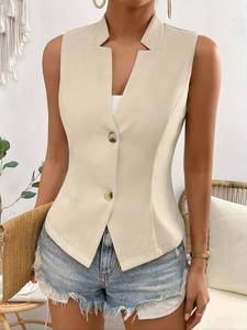 Women's Solid Color Notched Neck Button Front Vest Blazer, Casual Sleeveless Suit Vest for Work Office Business, Business Attire Clothes, Ladies Clothes for All Seasons