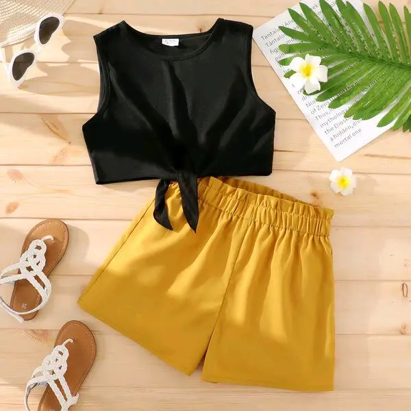 Girls Tie Knot Sleeveless Top & Paperbag Shorts Set 5