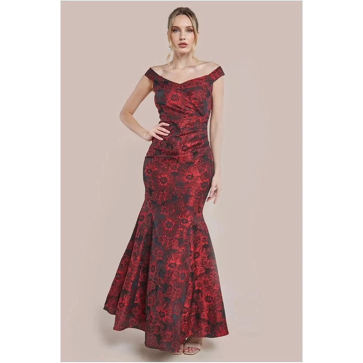 Goddiva Bardot Jacquard Maxi Dress - Wine