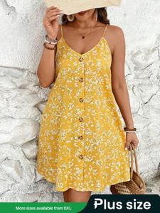 【Plus Size】 Ditsy Floral Print Button Cami Dress, Boho Sleeveless Spaghetti Strap Short Dress for Beach Holiday Vacation, Women's Clothes for Summer