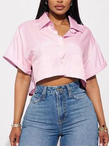 Women's Striped Print Crop Shirt, Casual Short Sleeve Collared Top for Daily Wear, Ladies Clothes for All Seasons