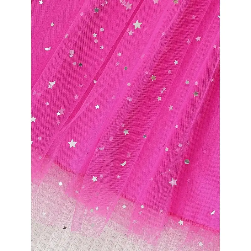 Young Girls Pink Star Sequin Mesh Puff Skirt Bowknot Square Neck Long Sleeve Princess Dress, Spring & Autumn 3