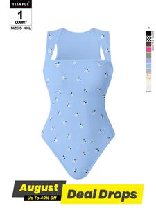TIANFUC Women's Floral Print Square Neck Ribbed Shapewear Bodysuit, Casual Comfy Sleeveless Bodycon Shapewear Bodysuit for Daily Wear, Ladies Shapewear for All Seasons