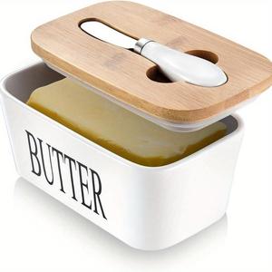 Butter Dish with Wooden Lid and Knife, Modern Durable Letter Pattern Ceramic Butter Dish, Butter Storage Container, Kitchen Supplies, Summer for Gift
