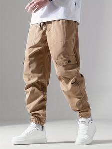 Men's Regular Fit Drawstring Pocket Cargo Pants, Casual Jogger Pants for Men, Woven Bottoms for Spring & Fall, Men Cargo Pants