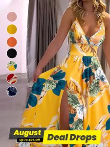 Women's Cami Dress, Boho Casual Comfy Fashion Sleeveless Long Dress for Beach Holiday Vacation, Ladies Summer Clothes, Womenswear, Bohemian, Floral Dress, Casual Elegant Dress