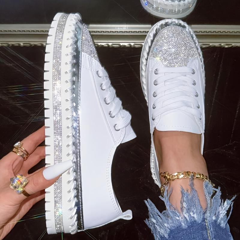 Glittering Rhinestone Women's Sneakers, Fashionable Platform Casual Shoes, Comfortable Versatile White Lace-up Flats Plus Size Footwear Girl 2