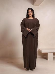 Women's Solid Color Corduroy Kaftan Dress, Casual Modest Chic Long Sleeve Round Neck Maxi Dress for Daily Wear, Ladies Clothes for All Seasons