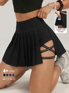 Women's Pleated Skirt Pants with Hidden Pockets, Fake Two-Piece Tennis Short Skirt, Gym Workout Outdoor Golf Casual Sport Academy Style, Tennis Skort