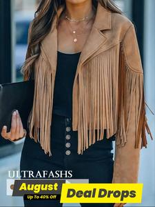 Women's Solid Color Fringe Trim Pu Leather Jacket, Fitted Longsleeves Collared Casual Boho Outerwear for Spring & Fall, Ladies Clothes for Daily Wear, Coats, Womenswear, Casual Fashion Jacket, Casual Chic Outerwear