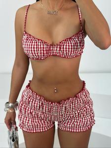 Two-piece Set Women's Plaid Print Crop Cami Top & Shorts, Casual Comfy Cami Top & Shorts  Set, Women's Clothing Set  for Summer, Womenswear