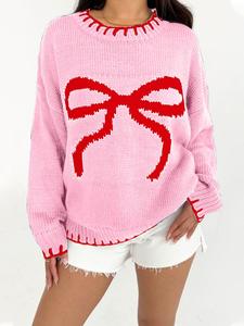 Women's Colorblock Bow Print Drop Shoulder Sweater, Casual Long Sleeve Round Neck Jumper for Fall & Winter, Fashion Ladies' Knitwear for Daily Wear