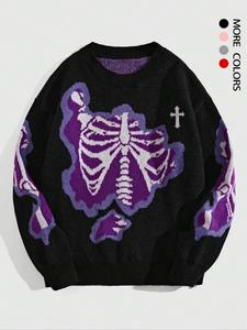 Men's Skeleton Print Drop Shoulder Sweater, Loose Casual Long Sleeve Round Neck Jumper for Fall & Winter, Fashion Men's Knitwear for Daily Wear, Menswear