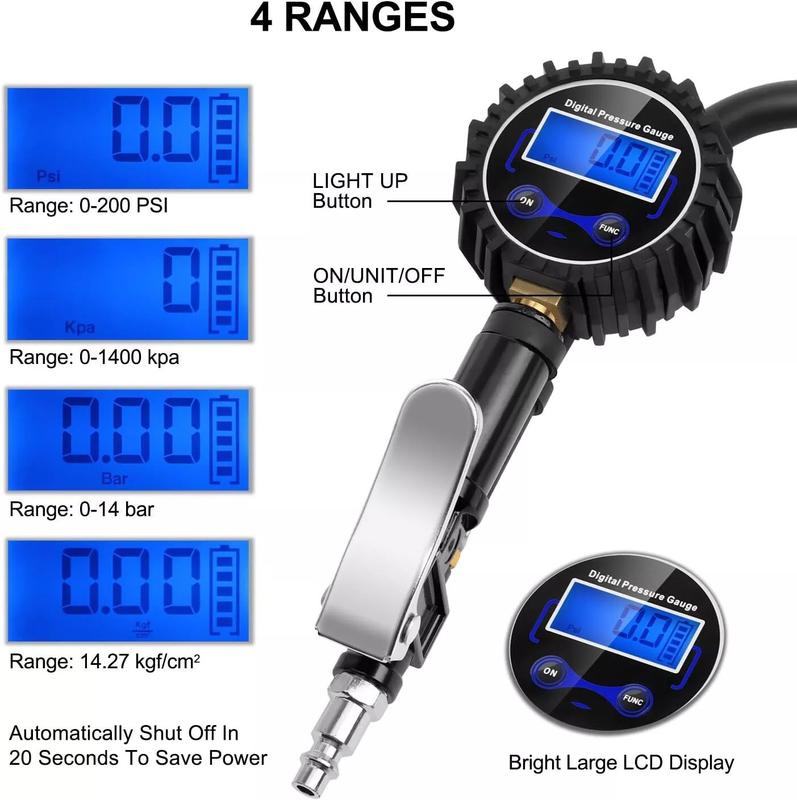LCD Digital Tyre Inflator Pressure Gauge Air Line Clip on Tyre Pump Compressor 6