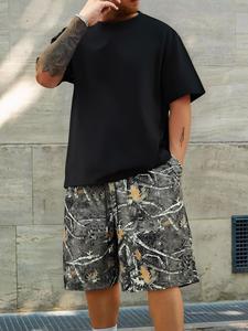 Two-Piece Set Men's Solid Short Sleeve Tee & Tree Camo Print Shorts, Loose Casual Round Neck T-shirt & Track Shorts, Summer Clothes Set for Men