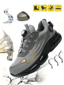 Men's Lace Up Low Top Anti Piercing & Anti Smashing Safety Shoes with Rotating Button, Casual Comfortable Breathable Contrast Mesh Work Shoes, Contrast Mesh Design Anti-slip Shoes for Outdoor Work