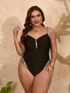 【 Plus Size】 Leopard Patchwork Print Ruched Ring Linked Adjustable Strap One-piece Swimsuit, Women's Plus Size Backless Swimwear for Summer, Ladies Swimsuit for Beach Holiday Vacation, Swim Bodysuit, Adjustable Straps Swimsuit